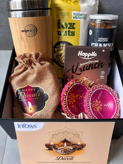 A close-up of the Diwali combo box, showing the Wipro logo on the bamboo mug. This demonstrates how even my festive hampers can be customized for corporate orders.