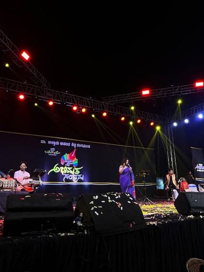 On stage for the 'Abhimata Sambhrama' Bhavageethe concert. The stage was set for an evening of soulful poetry and music for a wonderful audience.