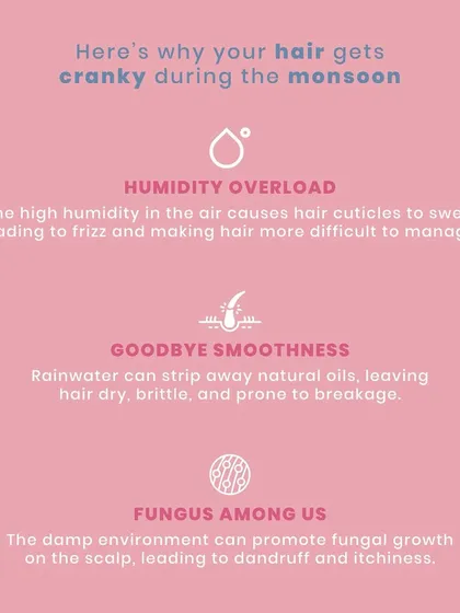 Here's why your hair gets cranky during the monsoon. Humidity causes hair cuticles to swell leading to frizz, while rainwater can strip natural oils, leaving hair dry and brittle.