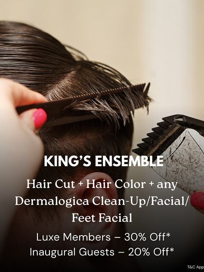 The "King's Ensemble" package, a comprehensive grooming service for men that includes a haircut, hair colour, and a choice of Dermalogica facial or feet facial.