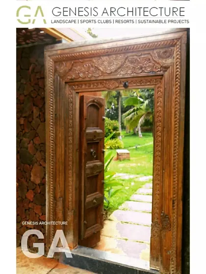 A doorway can be a portal to another world. For this holiday destination near Bangalore, we used this intricately carved antique door to frame the view of the lush garden, inviting you to step into nature.