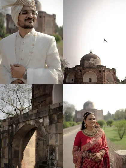 A four-part story of a royal wedding shoot. It includes portraits of the bride and groom, architectural details, and a sense of the grand, historic location.