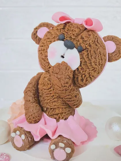 The intricate details of the teddy bear's skirt and bow.