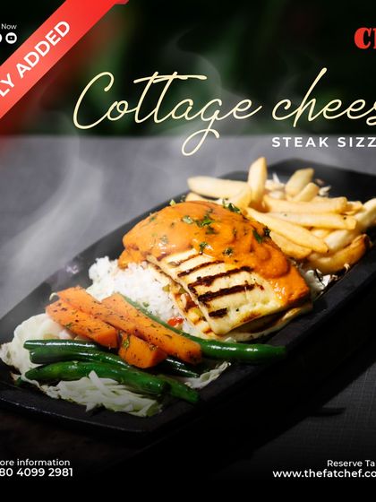 Our newly added Cottage Cheese Steak Sizzler is already a hit. Grilled paneer steak is served with rice, fries, and vegetables on a sizzling platter.