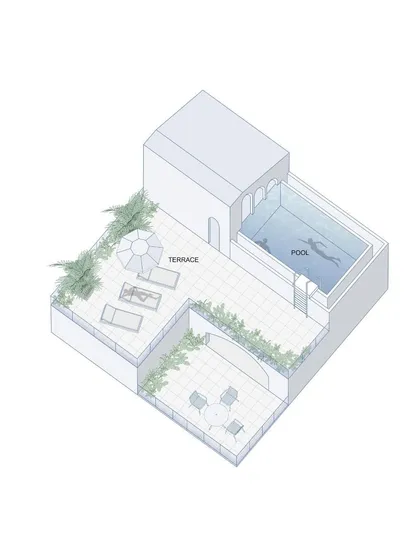 This axonometric drawing illustrates the spatial planning for the Arte Apartments. I focused on user activity flow, creating a seamless progression from private spaces to semi-private areas, culminating in a spacious terrace with panoramic views.