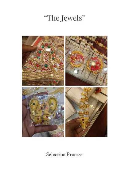 The selection process for the Ganesha sculpture's 'jewels'. I personally sourced these miniature crowns, earrings, and garlands from Sadar Market in Delhi to ensure every detail was perfect and authentic.