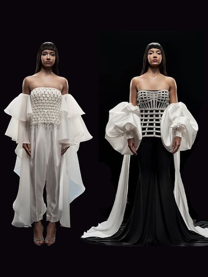 A monochrome look from Alpana Neeraj, showcasing two complementary couture outfits. This demonstrates our capability in executing complex, art-directed fashion shoots.