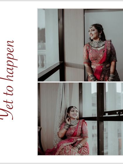 A collage of a bride in her pink lehenga, capturing contemplative moments by the window before her ceremony.