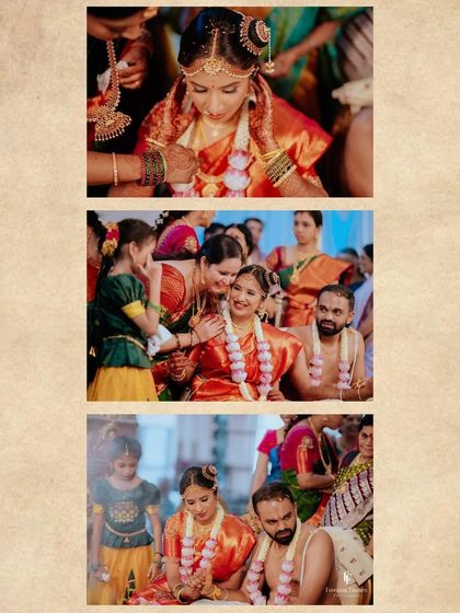 A triptych of a traditional Iyer wedding ceremony, capturing the intimate moments between the couple and their family.