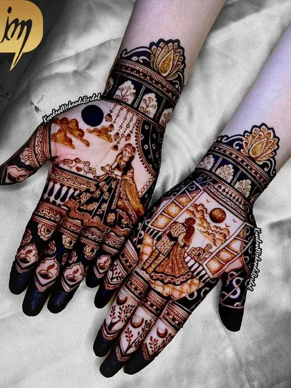 A full view of a stunning Karwa Chauth design, combining romantic portraits with bold, dark patterns for a striking look.