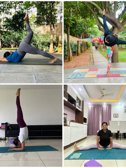 A collage showcasing the beautiful progress and dedication of my students in various poses, from deep stretches to inversions. Each picture tells a story of commitment.