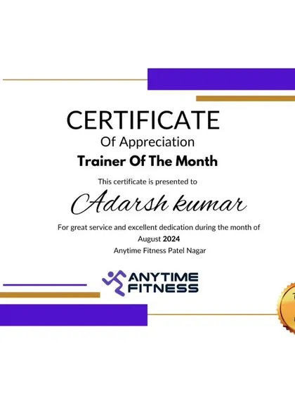 I was honored to be recognized as Trainer of the Month for August 2024 at Anytime Fitness. This award reflects my dedication to providing excellent service and helping my clients achieve their goals.