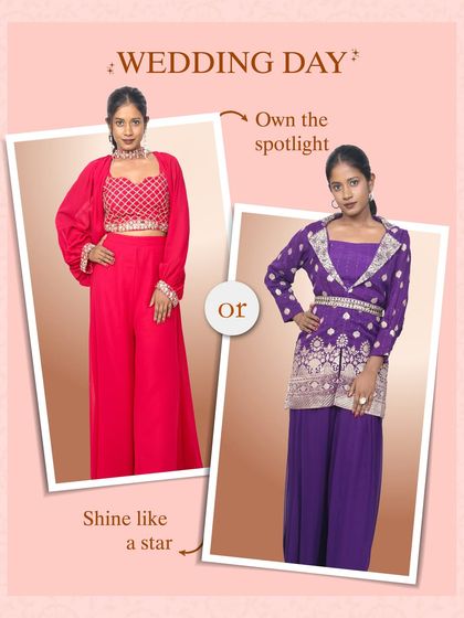 On the wedding day, shine like a star in a vibrant outfit. I have options like this hot pink palazzo set with a jacket or a royal purple embroidered blazer set.