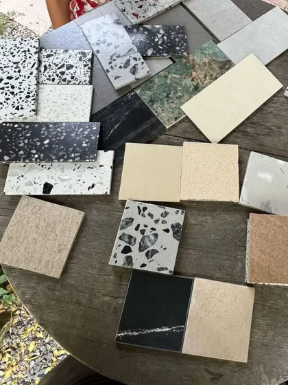 A glimpse from a material selection session where we explored different types of terrazzo. This material doesn't just cover a floor; its embedded fragments and subtle variations bring rhythm and character, guiding movement through a space.