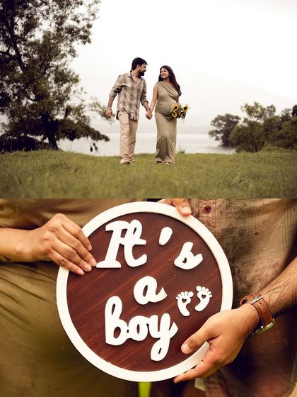 A wonderful gender reveal collage. The top frame shows the couple walking together by the lake, and the bottom frame reveals the "It's a boy" sign, capturing the story and the happy news in one image.