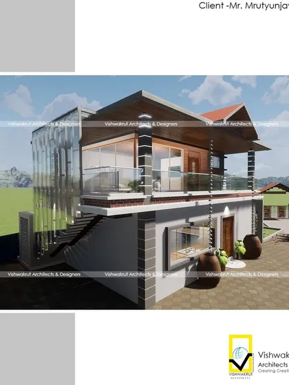 A 3D render of the Rock Villa's exterior, illustrating the glass-walled staircase and the two-tiered structure. This visualization was key in planning the flow between indoor and outdoor spaces.