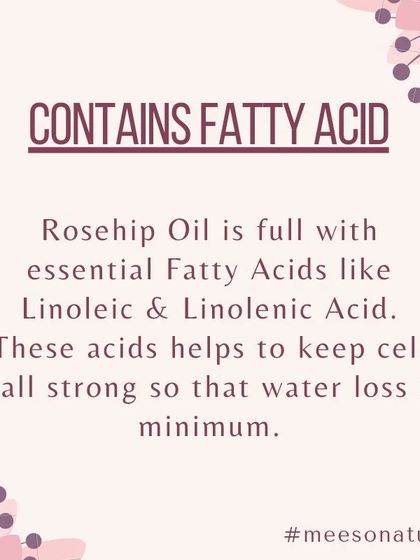 One of the key benefits of Rosehip Oil is its high content of essential fatty acids. These acids help strengthen your skin's cell walls to minimize water loss and keep it hydrated.