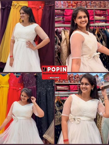 A collage showing the lovely details of the white net gown, including the delicate bow at the waist and the sheer sleeves. It’s a testament to understated elegance.