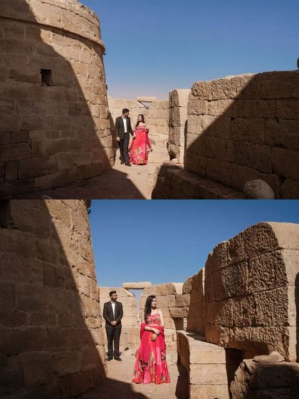 A two-panel shot of the couple at Jaisalmer Fort, the bride's vibrant red dress standing out against the golden stone walls.
