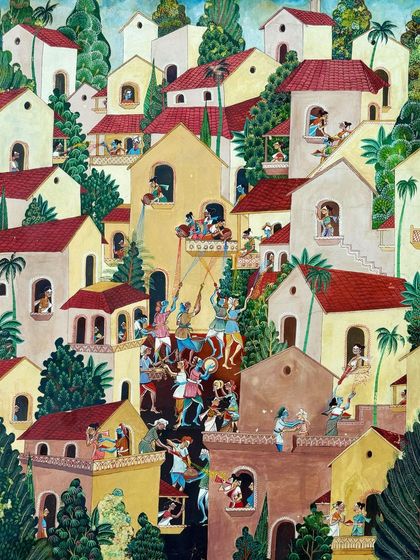 'Bannada Hokuli' (Colourful Holi) by S. Banu Munaf is a vibrant watercolour depicting the festival of colors. The miniature-style detail of the houses and people creates a lively, joyful scene that celebrates Indian culture.