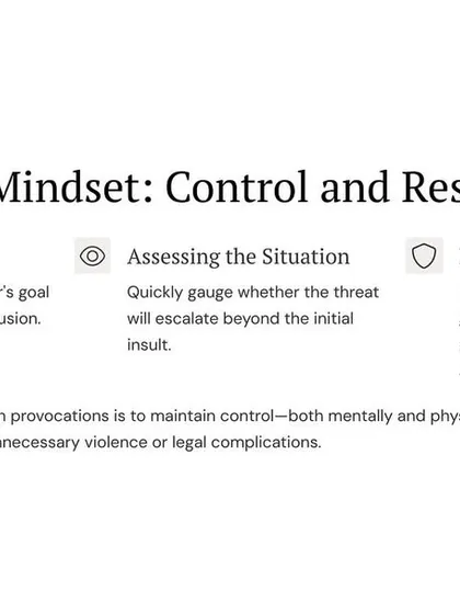 The combat mindset is about control and resolve. Stay calm, assess the situation, and maintain a defensive position. Reacting impulsively is exactly what the attacker wants.
