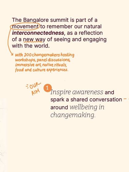 The Bangalore summit is part of a movement to remember our natural interconnectedness. This graphic explains our aim to inspire awareness and spark a shared conversation around wellbeing in changemaking.