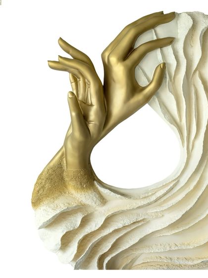 A detailed close-up of the golden hands in "The Awakening Cycle" (Series 1). The hands are a recurring motif in this series, representing the act of holding, letting go, and finding balance within ourselves.