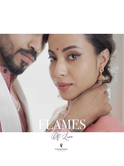 A close-up portrait of the bride and groom, with the title "Flames of Love." The intense gaze and proximity of the couple create a powerful, romantic image.