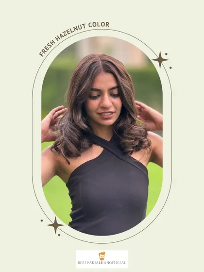 A closer look at the fresh hazelnut color, showcasing its glossy finish and the soft, chocolatey tones that give the hair a radiant look.