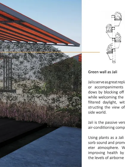 This design detail explains our concept of using a 'Green Wall as Jali'. In our meeting pod design, living plants act as a natural screen to filter light, absorb sound, and improve air quality, serving as a passive, biophilic alternative to air conditioning.