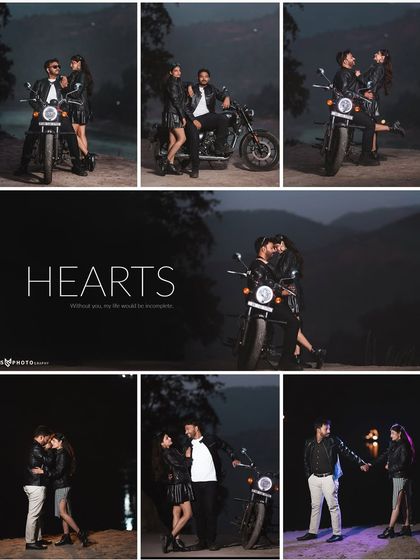 This collage showcases various poses from a night-time biker shoot, from romantic embraces to fun, lit-up shots. It gives a complete picture of a themed session.