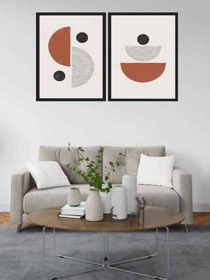 This set of two framed abstract prints uses curved shapes and line work in a warm, earthy color palette. The geometric design adds a modern and artistic touch to your living space.