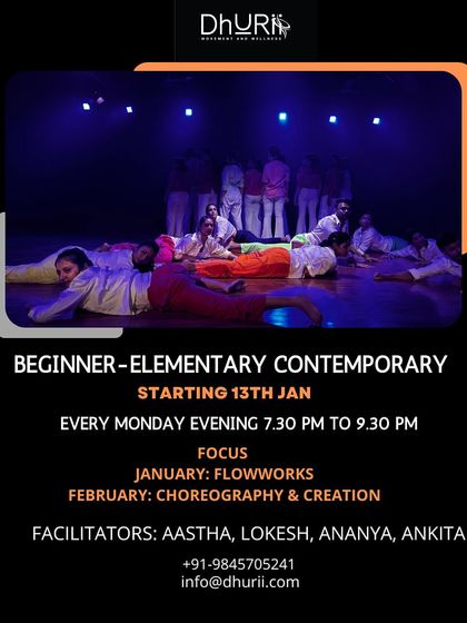 Our Beginner-Elementary Contemporary batch on Monday evenings is a great place to build your skills, focusing on FlowWorks in January and choreography in February.