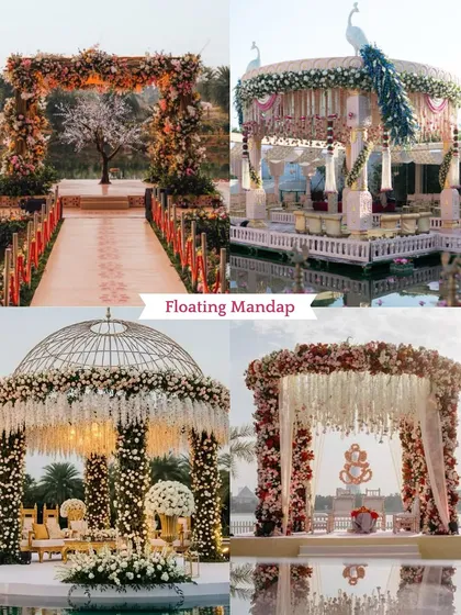 Floating mandaps are one of my signature offerings, creating a truly magical setting for your ceremony. This collage shows various styles, from traditional to modern, all designed to make a statement.