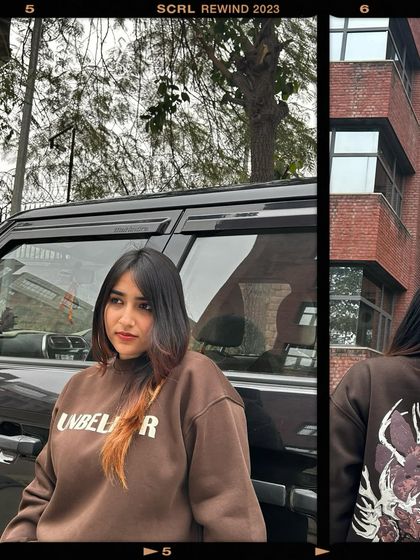 A film-style collage featuring a comfy brown "Unbelievr" sweatshirt. This shows my creative side with photo editing and a more laid-back look.