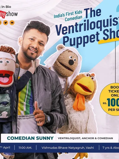 A vibrant poster for my live show in Vashi, featuring me with Bunny, Kukku, and my teddy puppet.