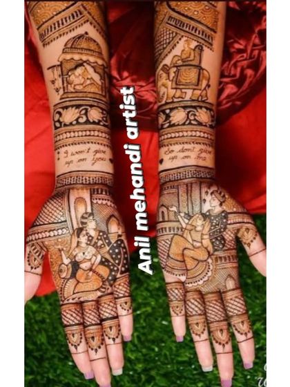 This design tells a story with a couple on a horse, a doli scene, and elephants. It also includes a romantic quote, "I won't give up on you," making it extra special.