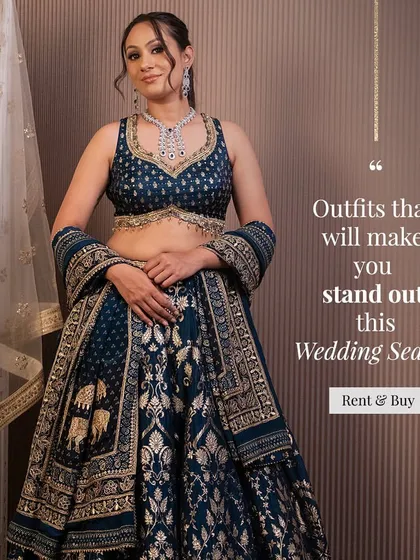 We create outfits that ensure you stand out this wedding season. This deep teal bridal lehenga features stunning gold embroidery and traditional elephant motifs, making it a timeless and regal choice for your big day.