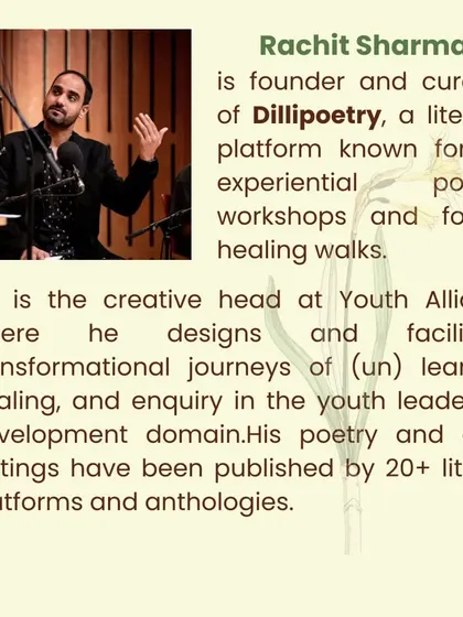 A brief bio of me as the facilitator for the 'Artist's Pharmacy' workshop, highlighting my work in experiential poetry and healing walks.
