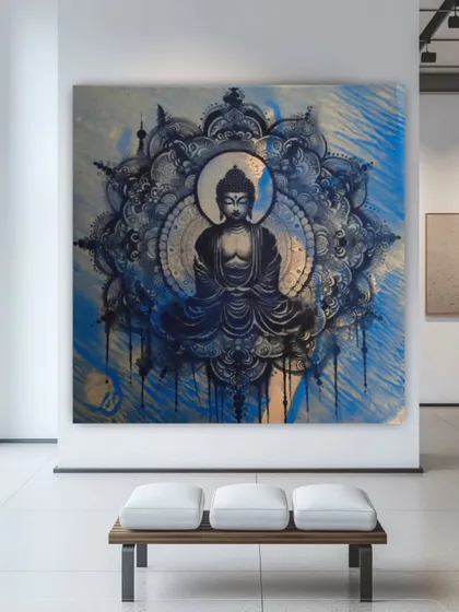 A monumental contemporary Buddha painting, rich in texture and serene detail, serves as a centerpiece that invites contemplation and brings a sense of peace to any large wall.