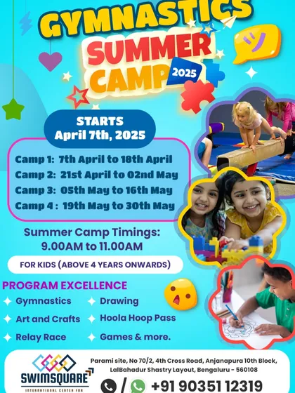 Your child's summer adventure starts here. This poster details our upcoming Gymnastics Summer Camp, including dates, timings, and the exciting mix of activities like gymnastics, art and crafts, and relay races.