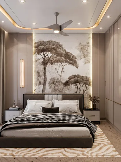 We chose a simple and elegant monotone theme for this guest room, with a stylish tree wallpaper as a focal point. The design is elevated with golden metal profiles and sophisticated lighting.