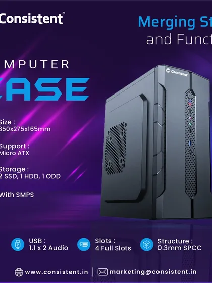 The CIE102 computer case merges style and function with its compact design for Micro ATX builds. It comes with an included SMPS and offers storage bays for two SSDs and one HDD.