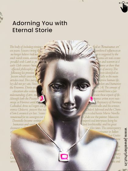 A modern and geometric pink stone pendant and earring set, perfect for adding a pop of color.