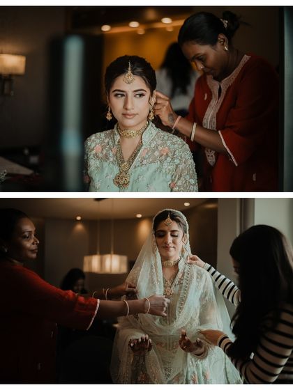 A collage of behind-the-scenes moments as the bride gets ready, with her mother and makeup artist helping with the final touches.