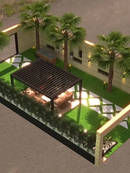 An aerial render of the Dwarka front yard, illustrating the complete layout with a pergola, pathway, and palm trees.