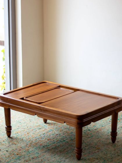 A detailed look at the Mysore Inlay Collection. These images highlight the functional aspects, such as the detachable bench on the bookshelf and the removable tray on the center table, alongside the exquisite craftsmanship.