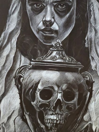 The final, chilling artwork. This completed charcoal piece depicts a haunting figure holding a skull, showcasing the artist's ability to create a powerful and dramatic mood.