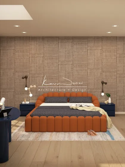 A bedroom design that embraces the gentle power of color. An orange upholstered bed frame adds a pop of warmth to the room, while the textured wall and minimalist furniture create a serene and airy feel.