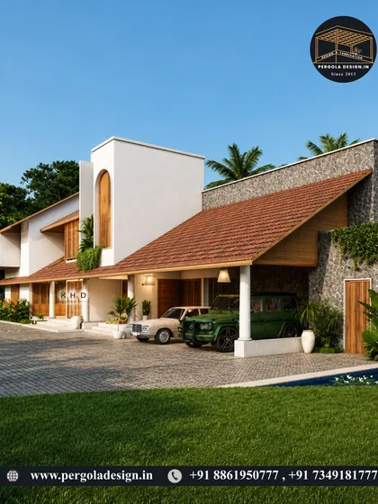 A grand driveway featuring a large, sloped-roof carport designed to accommodate multiple vehicles. The structure uses traditional tiles and a stone-clad pillar, perfectly matching the luxurious, modern-ethnic style of the main residence.